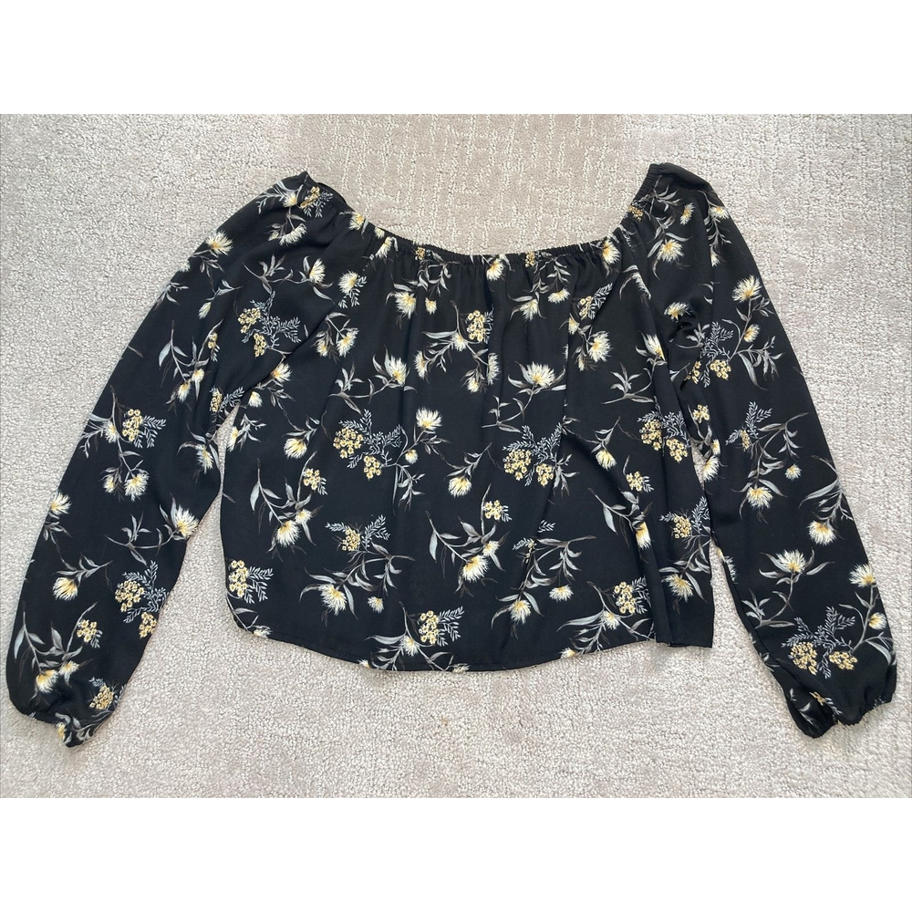 Off the Shoulder Black Floral Boho Peasant Blouse Top Black/Multi Size S